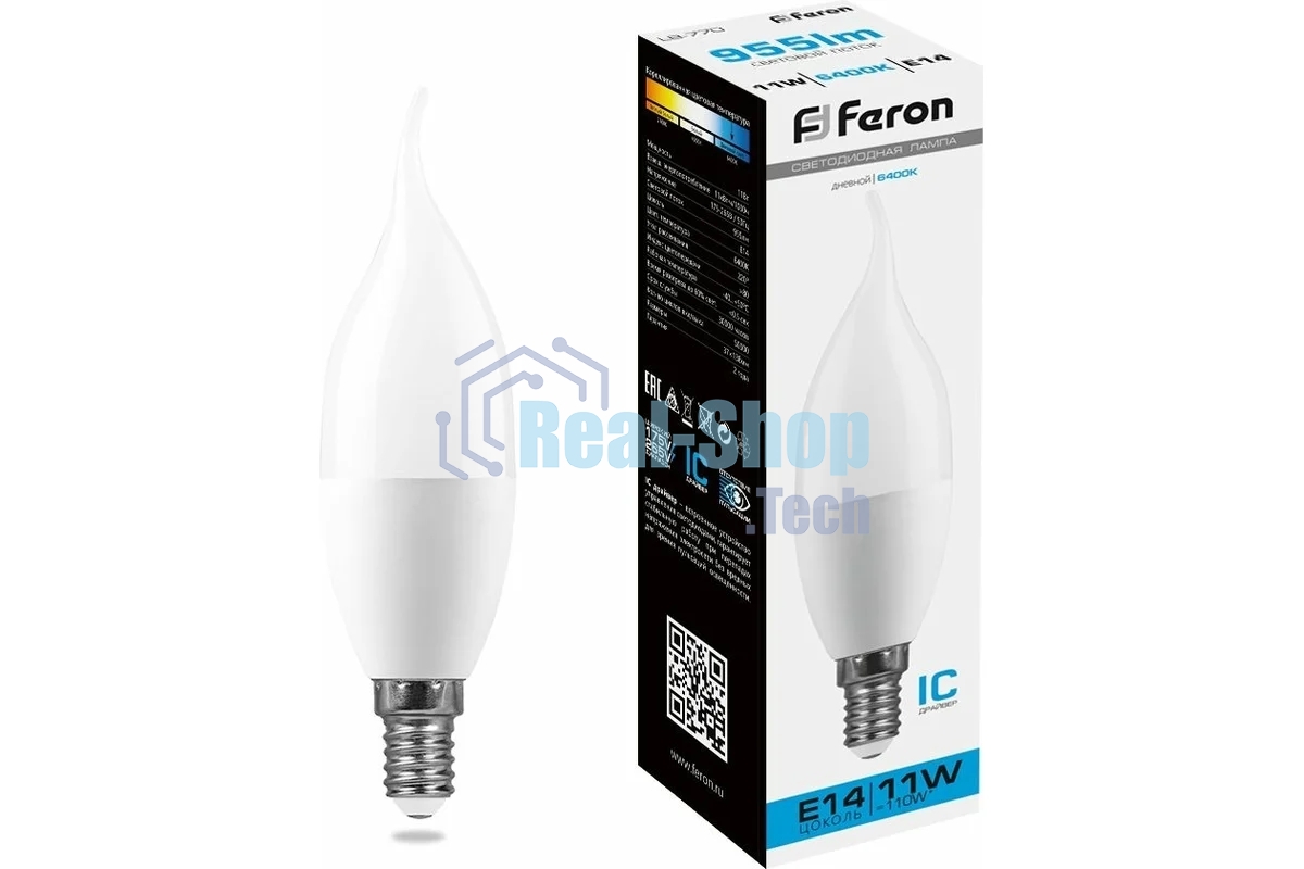 Лампа светодиодная FERON LB-770 (25952) 11W 230V E14 6400K свеча на ветру
