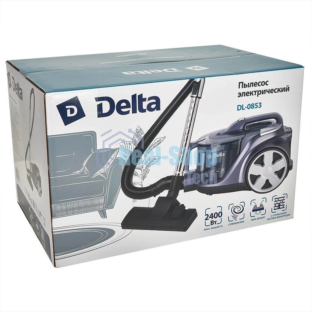 Пылесос Delta DL-0853 серый/фиолетовый, 400/2400 Вт, уборка сухая, пылесборник контейнер 4 л