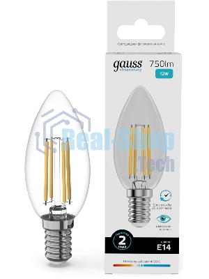 Лампа светодиодная филаментная Gauss Filament 12Вт цок.:E14 свеча св.свеч.бел.нейт. (упак.:10шт)