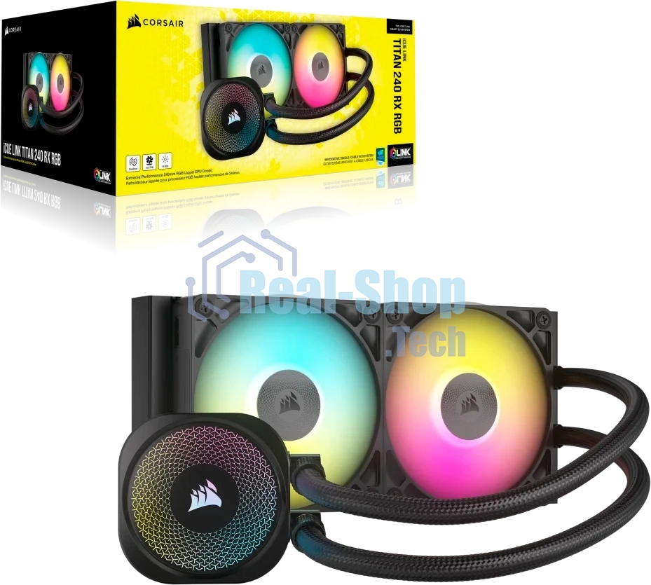 Система жидкостного охлаждения Corsair iCUE LINK TITAN 240 RX RGb (240мм, черный, RGb/ Fans: 2x120мм, 73.5CFM, 36dBA, 2100RPM/ S: 1851, 1700, AM5, AM4)