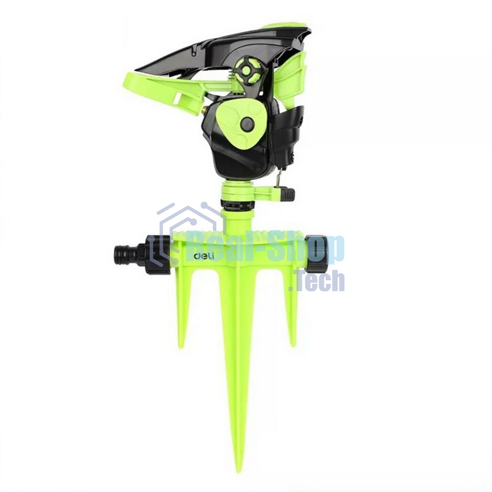 Дождеватель-разбрызгиватель импульсный на 3-х пиках Deli DL581302 площадь орошения до 490кв.м, сектор полива 0-360 град, диаметр шланга 3/4