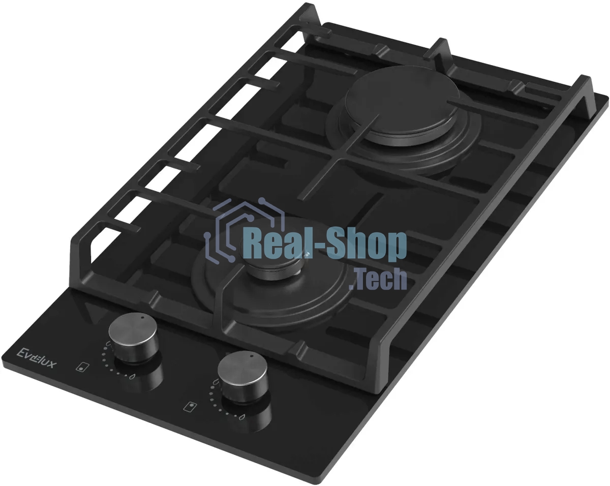 Газовая варочная панель EVELUX HEG 360 BG, Hi-Tech, 30 см, 2 конфорки, газ-контроль, электроподжиг, черный