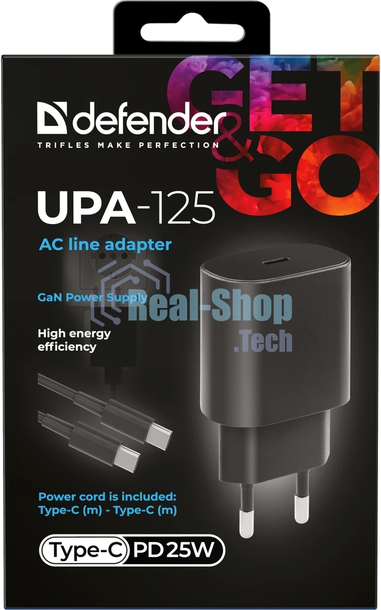 Сетевое зарядное устройство Defender UPA-125 25W,USB C,кабель Type-C,черный