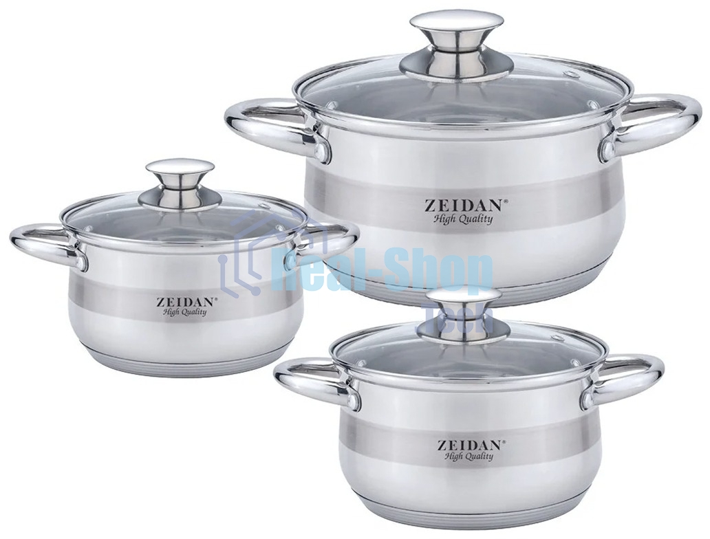 Набор посуды Zeidan Z-50632 6 предм.: кастрюля с/кр 2,0 л (16 см), кастрюля с/кр 3,0 л (18 см), кастрюля с/кр 4,0 л (20 см), нержавеющая сталь, комбинированная полировка снаружи, зеркальная полировка внутри, шкала литража, крышки - стекло, 5-ти СТЕПОВОЕ КАПСУЛИРОВАННОЕ