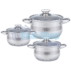 Набор посуды Zeidan Z-50632 6 предм.: кастрюля с/кр 2,0 л (16 см), кастрюля с/кр 3,0 л (18 см), кастрюля с/кр 4,0 л (20 см), нержавеющая сталь, комбинированная полировка снаружи, зеркальная полировка внутри, шкала литража, крышки - стекло, 5-ти СТЕПОВОЕ КАПСУЛИРОВАННОЕ