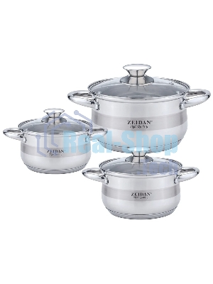 Набор посуды Zeidan Z-50632 6 предм.: кастрюля с/кр 2,0 л (16 см), кастрюля с/кр 3,0 л (18 см), кастрюля с/кр 4,0 л (20 см), нержавеющая сталь, комбинированная полировка снаружи, зеркальная полировка внутри, шкала литража, крышки - стекло, 5-ти СТЕПОВОЕ КАПСУЛИРОВАННОЕ