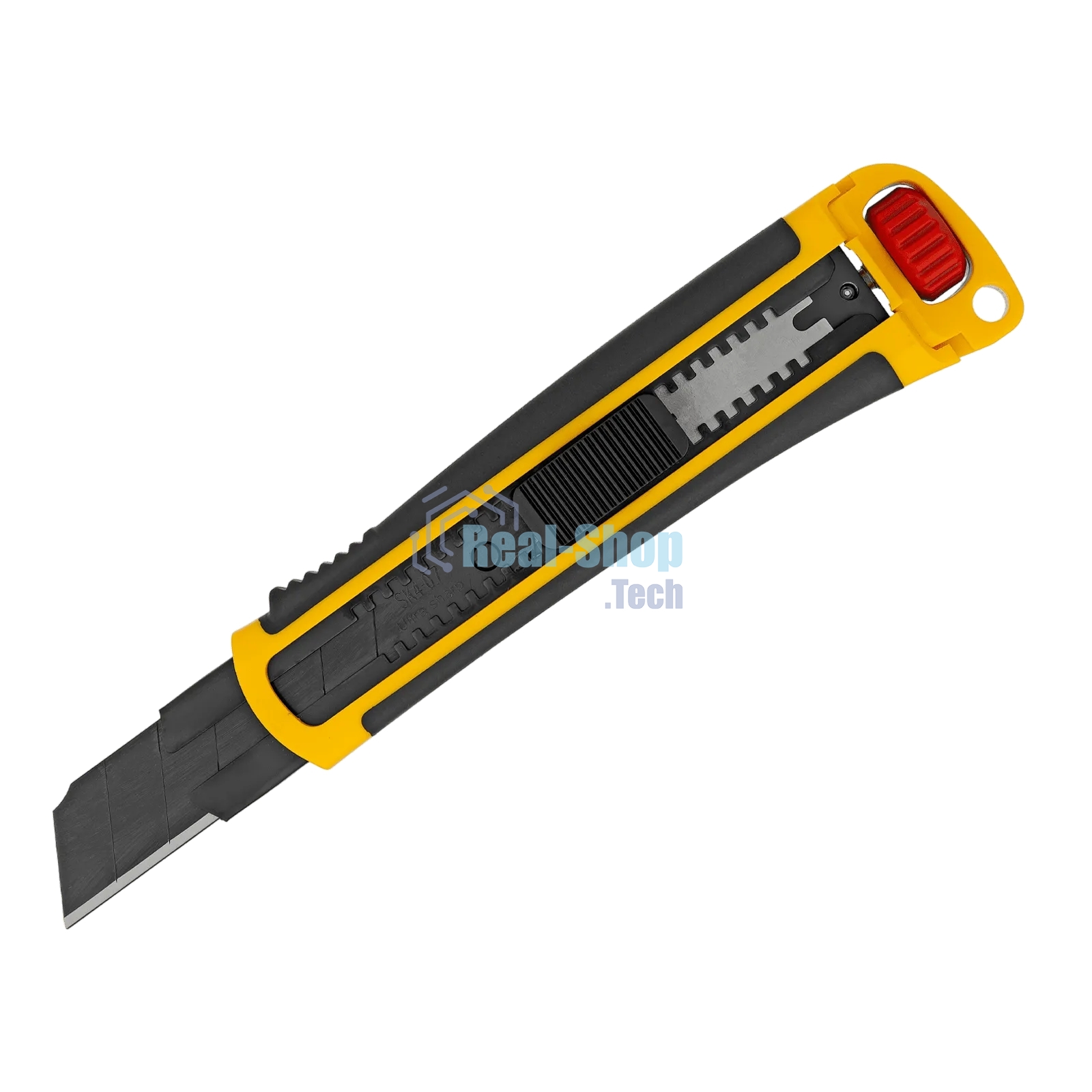 Нож Denzel 25 мм, сменное лезвие, SK4, корпус из ABS + TPR, торцевой зажим