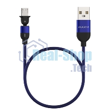 Кабель Maxvi MC-19M blue, USB-A - microUSB, 2.4A, LED ток макс. нагрузки 2.4А, макс. напряжение 5V; стандарт USB 2.0; длина кабеля 1.5м, нейлоновая оплетка, металлические корпуса разъемов, LED подсветка, цвет: синий