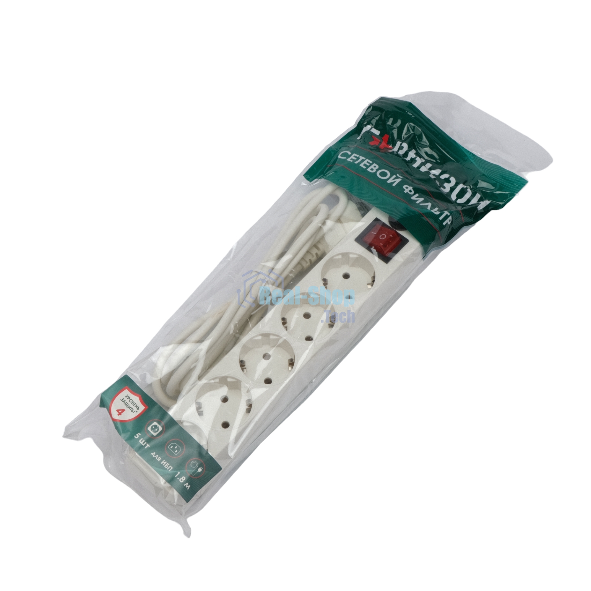 Сетевой фильтр Гарнизон для ИБП, 5 р, 10А, 1.8 м, ур.защиты 4, белый, пакет