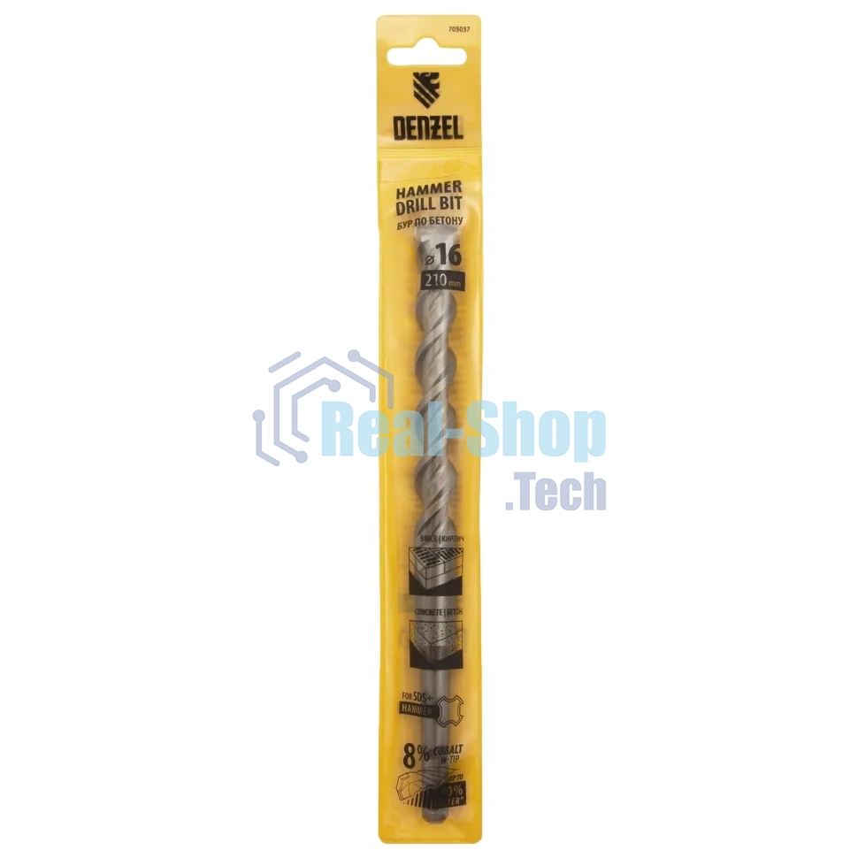 Бур по бетону Denzel двойная спираль, Cobalt W-tip, 16x210 мм, SDS PLUS