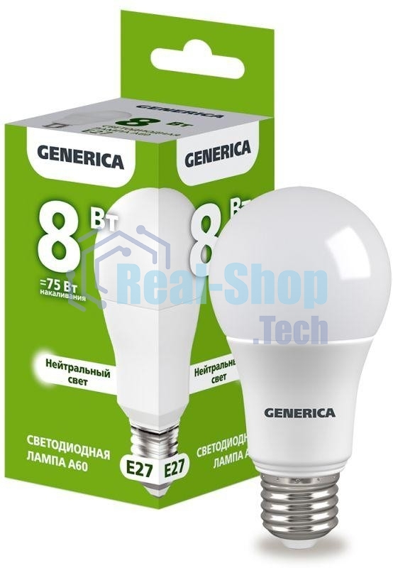 Лампа cветодиодная LED A60 IEK LL-A60-08-230-40-E27-G груша 8Вт 230В 4000К E27 GENERICA