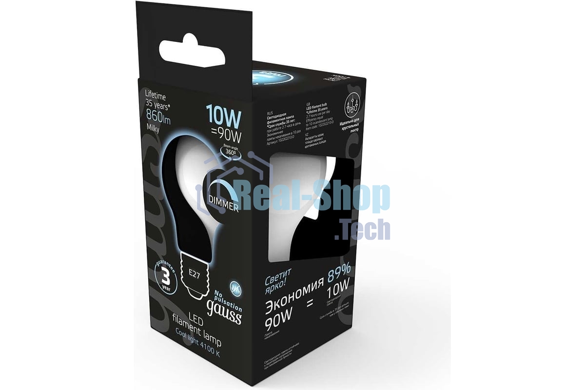 Лампа светодиодная Gauss Filament A60 E27 10Вт 4100К OPAL диммир