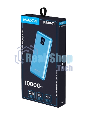 Портативный аккумулятор Maxvi PB10-11 10000 мАч blue 3A, встроенные кабели USB A/Type-C/Lightning
