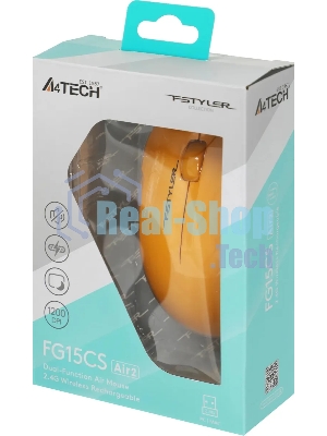 Мышь беспроводная A4Tech Fstyler FG15CS Air2 желтый, 1200 dpi, радиоканал, USB, кнопки - 3