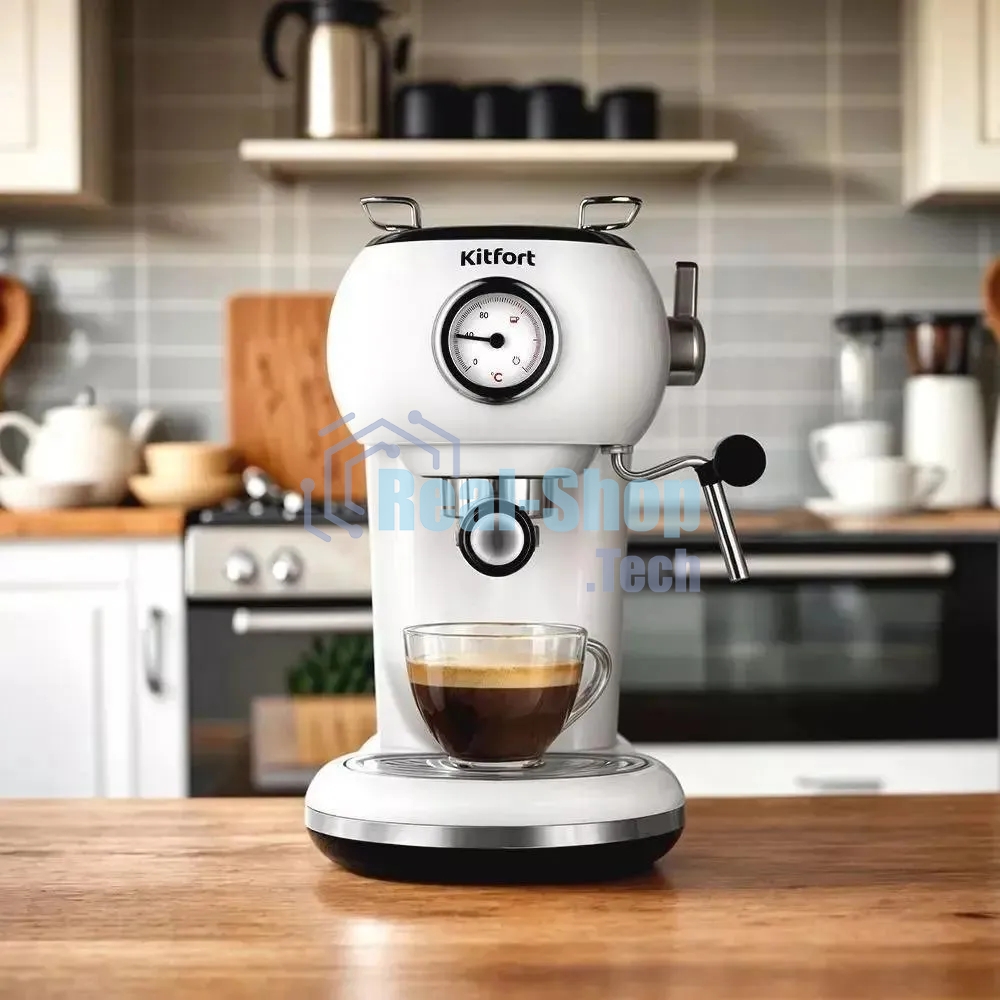 Кофеварка рожковая Kitfort КТ-7219 белый, исп. кофе - молотый, 1.2 л, 1100 Вт, 15 бар