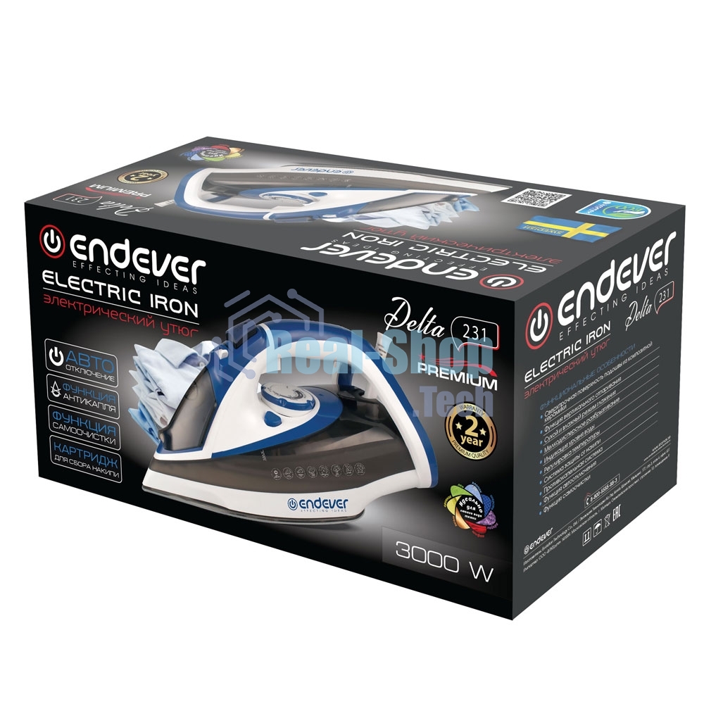 Утюг электрический Endever Delta-231, белый/синий/черный, 3000 Вт, Подача пара до 75 г/мин, Паровой удар до 190 г/мин, 10 шт/уп