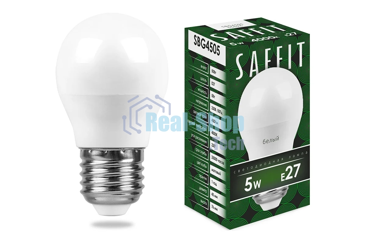 Лампа светодиодная SAFFIT SBG4505 (55026) 5Вт Е27 белый матовый шар