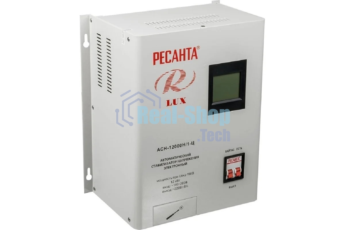 Стабилизаторы напряжения Ресанта АСН-12000/Н1-Ц 63/6/22 Стабилизатор Lux 220В±8%, Габ. 305х190х360, Вес 19,5кг