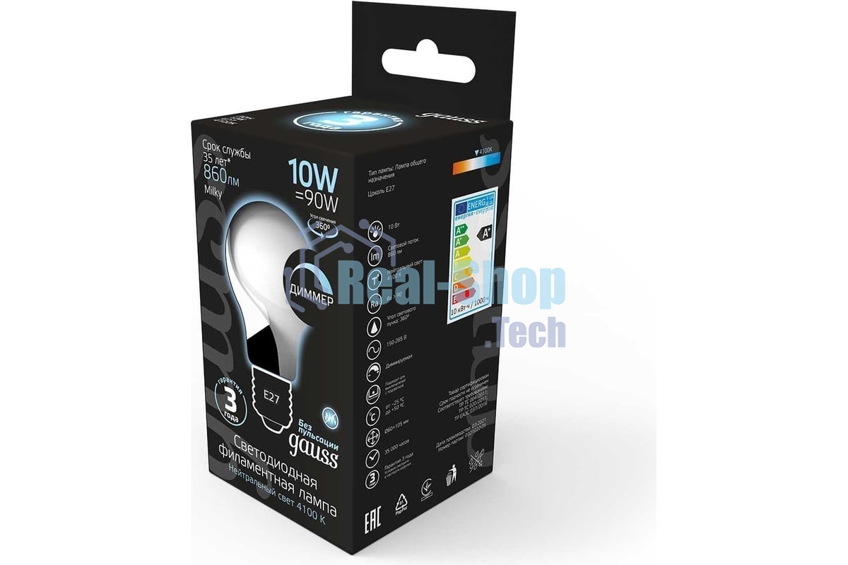 Лампа светодиодная Gauss Filament A60 E27 10Вт 4100К OPAL диммир
