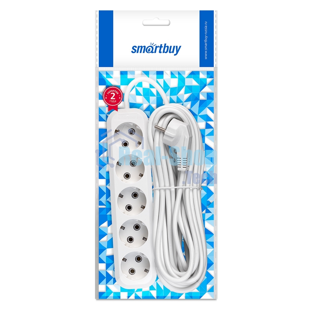 Удлинитель Smartbuy, 5 гнезд 10 метров 16А/3,5 кВт с заземлением ПВС 3х1,0 (SBE-16-5-10-Z)