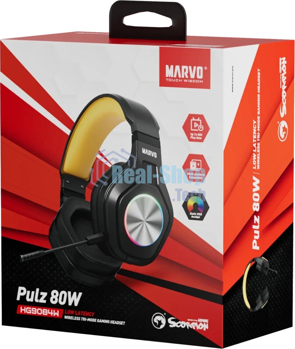 Гарнитура MARVO HG9084W Pulz 80W чёрный, беспроводная + проводная, радиоканал, до 50 ч, подсветка, совместимость с PS5, Xbox