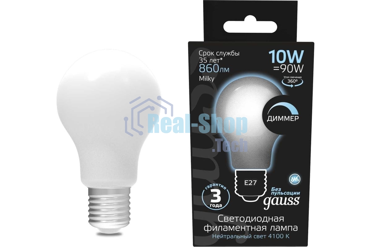 Лампа светодиодная Gauss Filament A60 E27 10Вт 4100К OPAL диммир