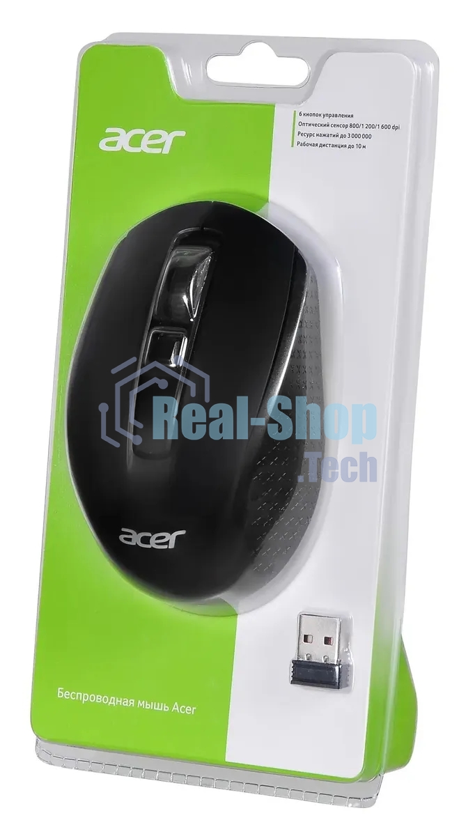 Мышь беспроводная Acer OMR060 черный, 1600 dpi, радиоканал, USB, кнопки - 6