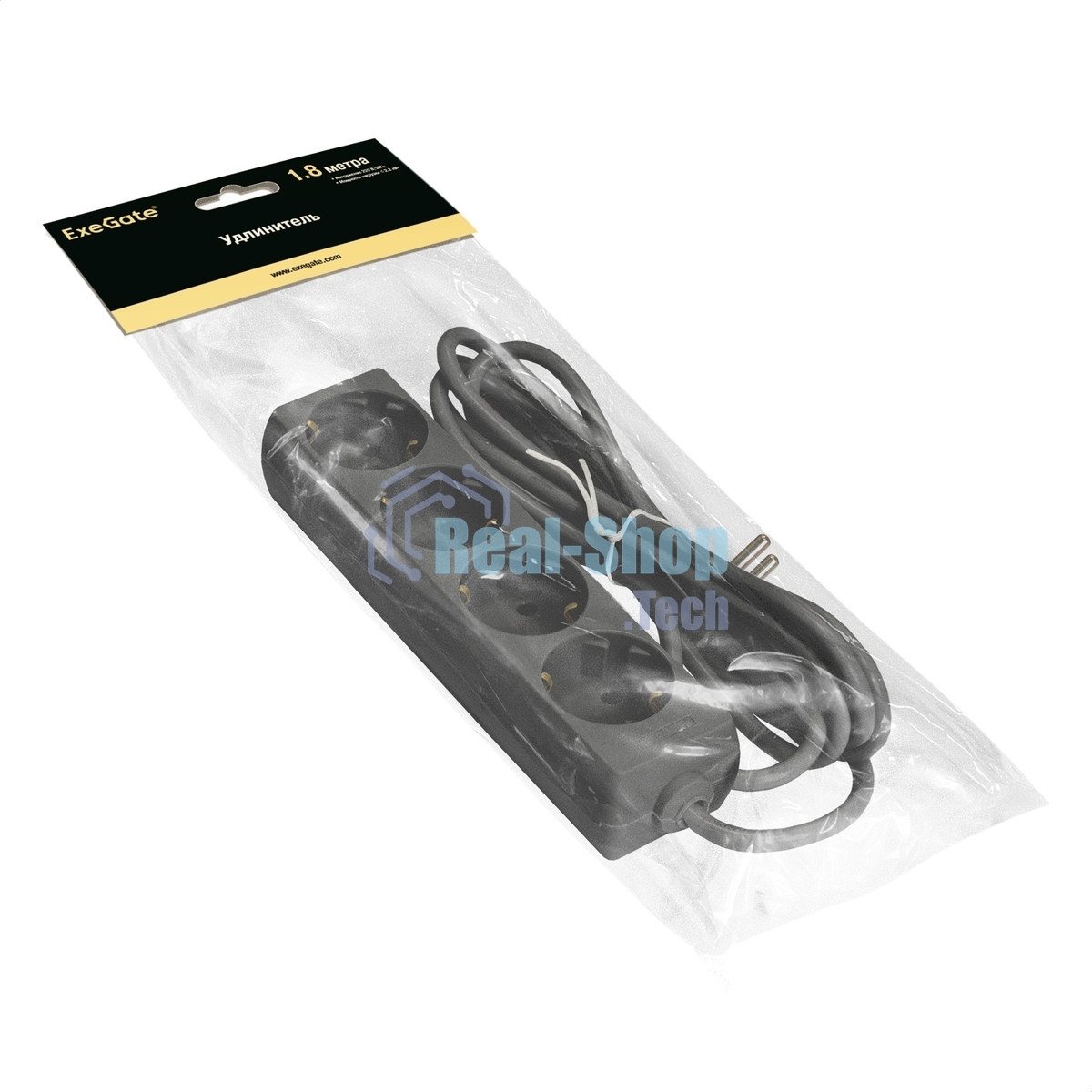 Удлинитель ExeGate ECE-4-1.8B (EX285810RUS), черный, 1.8 м, Евровилка с заземлением, 4 евророзетки с заземлением, 2200 Вт