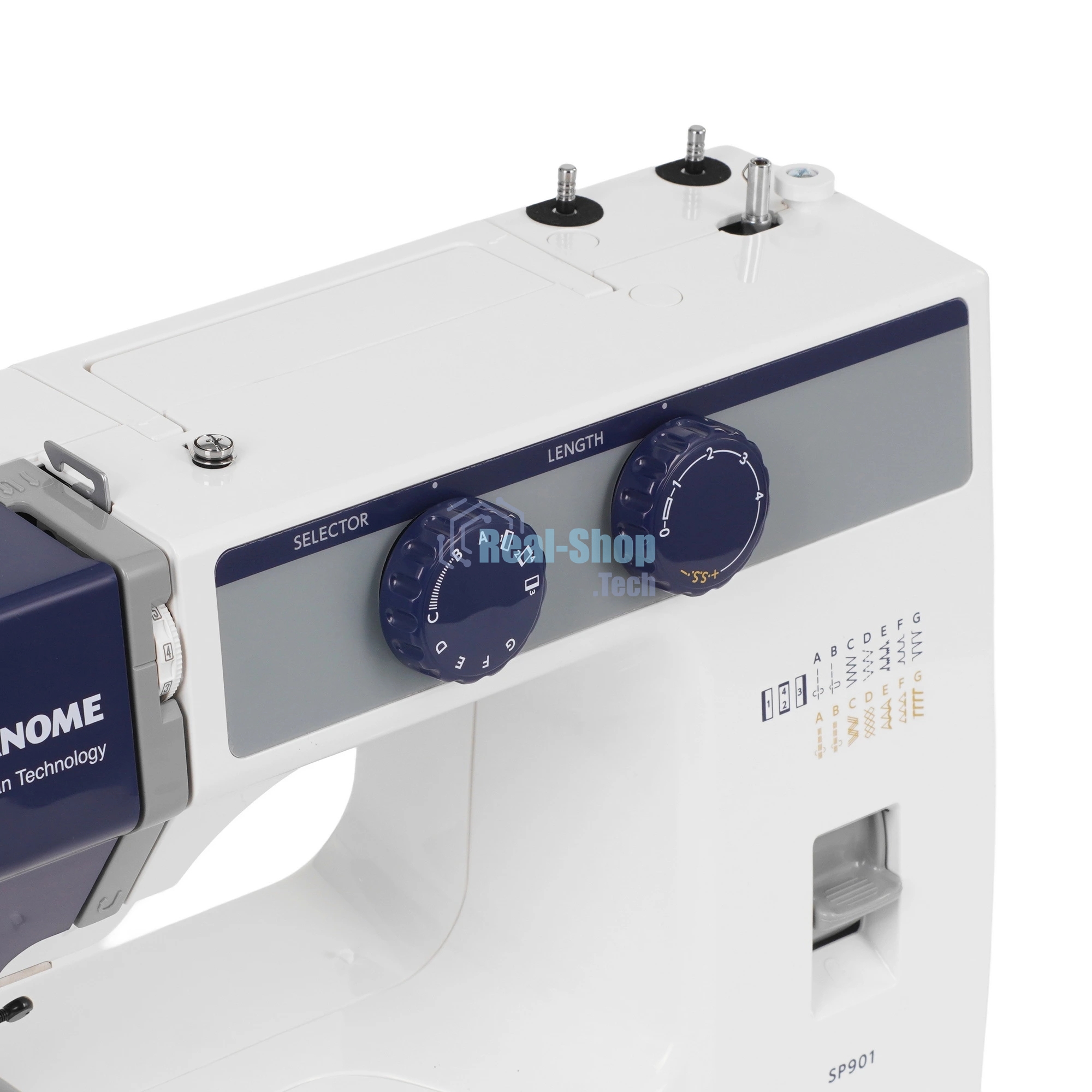 Швейная машина Janome SP901 белый/синий, электромеханическая, вертикальный качающийся, 15 операций, петля полуавтомат