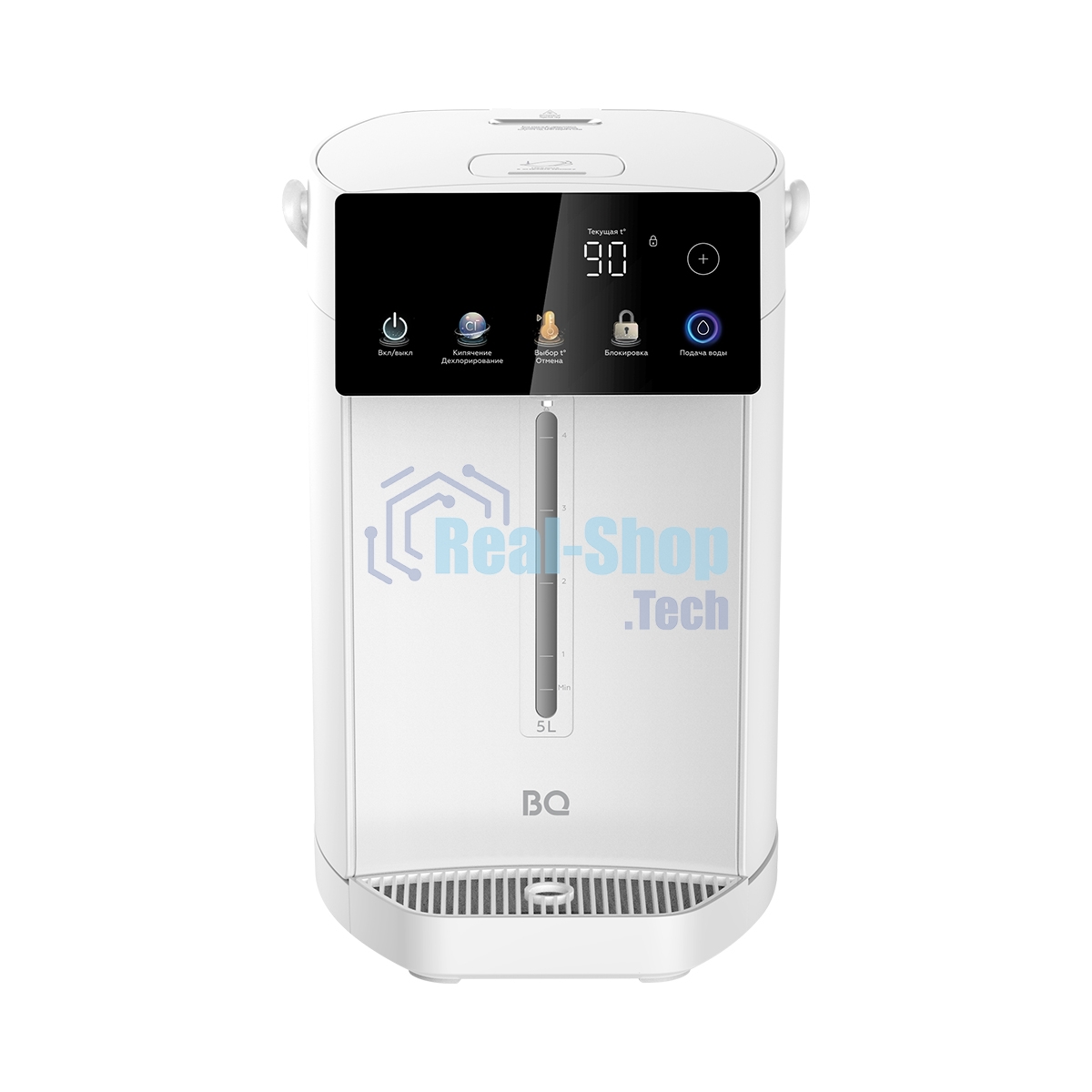 Термопот BQ TP5001 White. Мощность 1600 Вт/Объем 5 л/Сенсорный LED-дисплей/Поддержание температуры/Функция дехлорирования/Регулировка темперы от 40 до 90 'C/Система защиты: от перегрева, от включения без воды, блокировка подачи воды/Внутренняя колба из нержавеющей стали AISI 304/Съемная крышка/Ручка для переноски/Электрическая помпа/Длина шнура 0.85 м