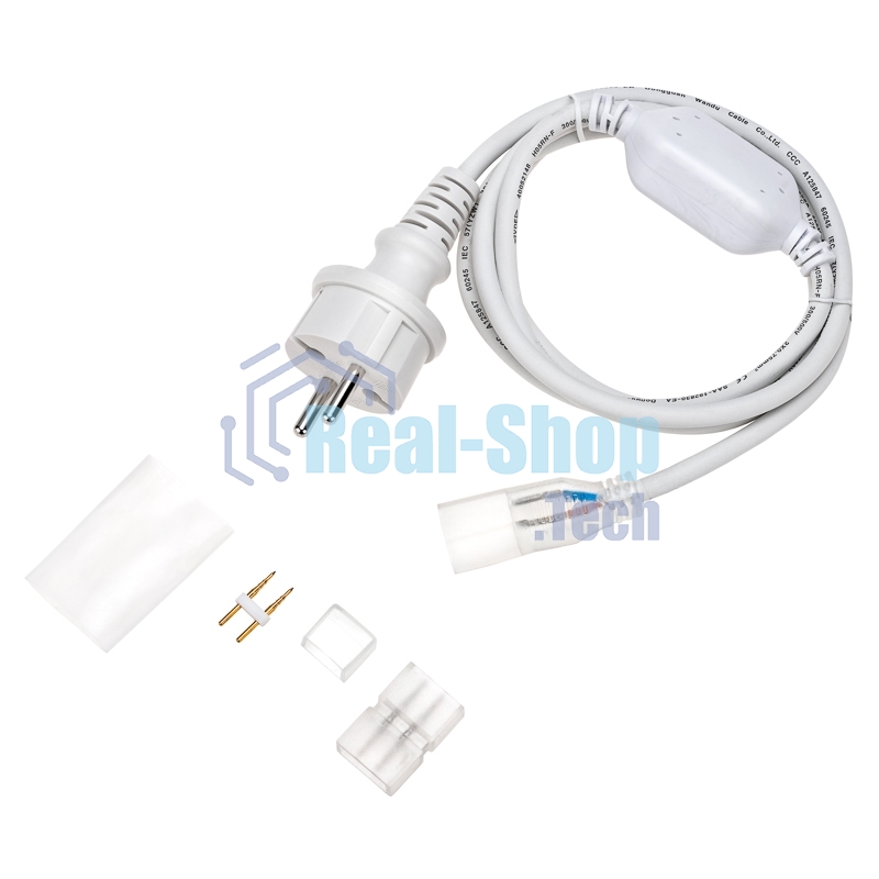 Установочный набор для одностороннего Гибкого неона Neon-night 8х16 мм (шнур питания каучук с диодным мостом и вилкой, заглушка, переходная муфта, игла) 1,5м