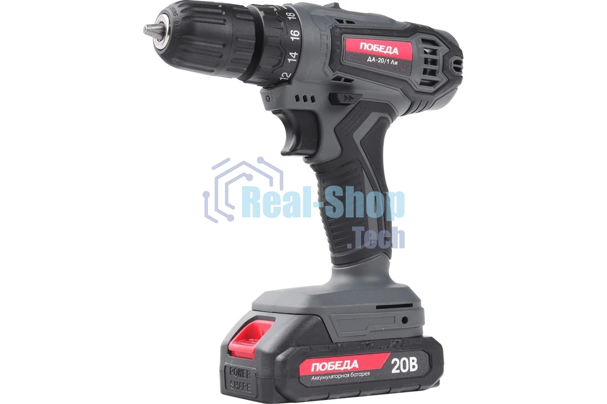 Дрель-шуруповерт Победа ДА-20/1 Ли, 20 В, 2,2 Ач, 38 Нм, щеточный