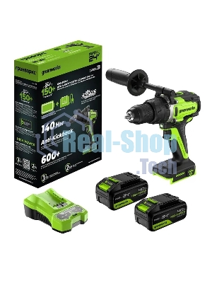 Дрель-шуруповерт аккумуляторная Greenworks GD24DD140 24V, 70/140Нм,Anti-kickback,2х4Ач,ЗУ,кор 3707607CUD