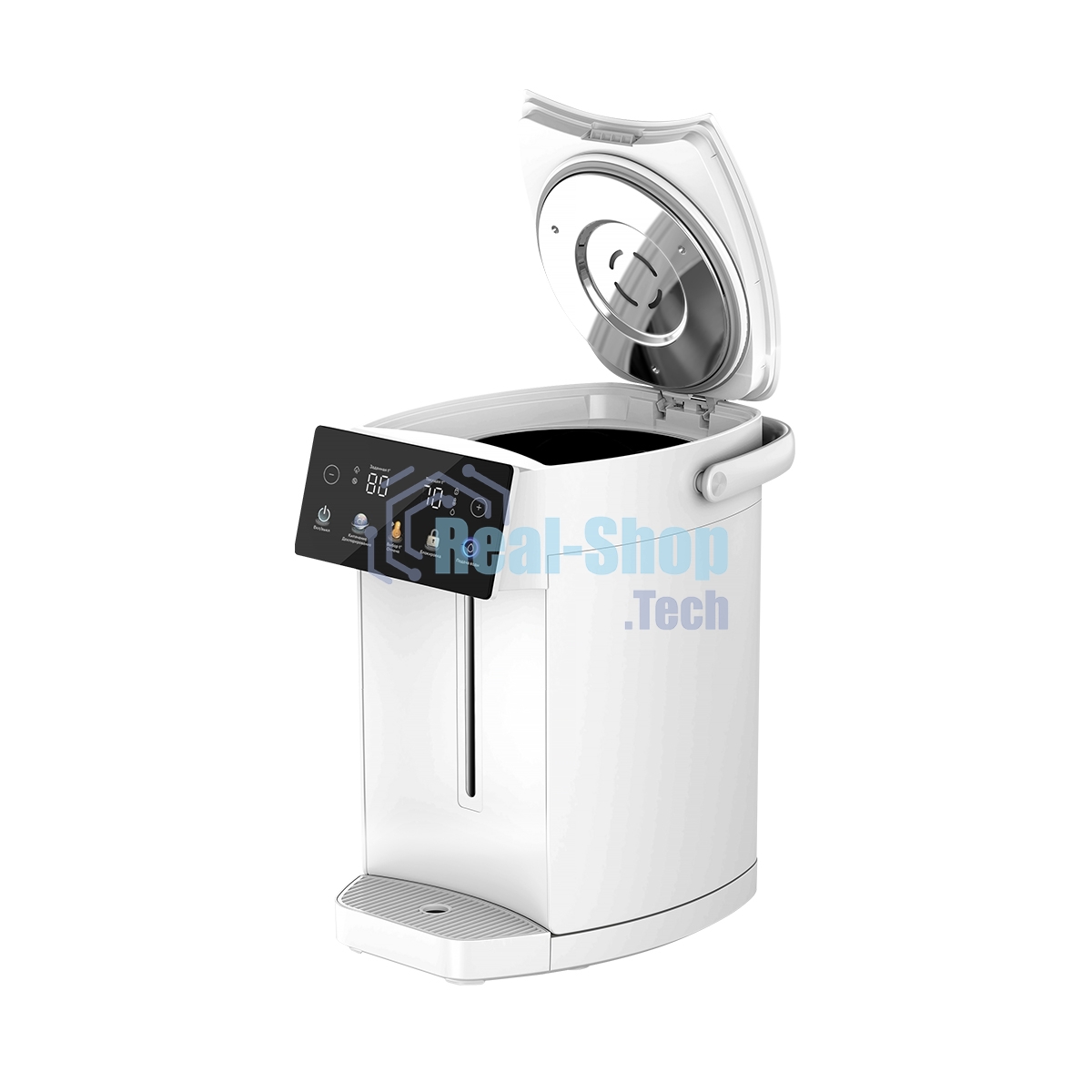 Термопот BQ TP5001 White. Мощность 1600 Вт/Объем 5 л/Сенсорный LED-дисплей/Поддержание температуры/Функция дехлорирования/Регулировка темперы от 40 до 90 'C/Система защиты: от перегрева, от включения без воды, блокировка подачи воды/Внутренняя колба из нержавеющей стали AISI 304/Съемная крышка/Ручка для переноски/Электрическая помпа/Длина шнура 0.85 м
