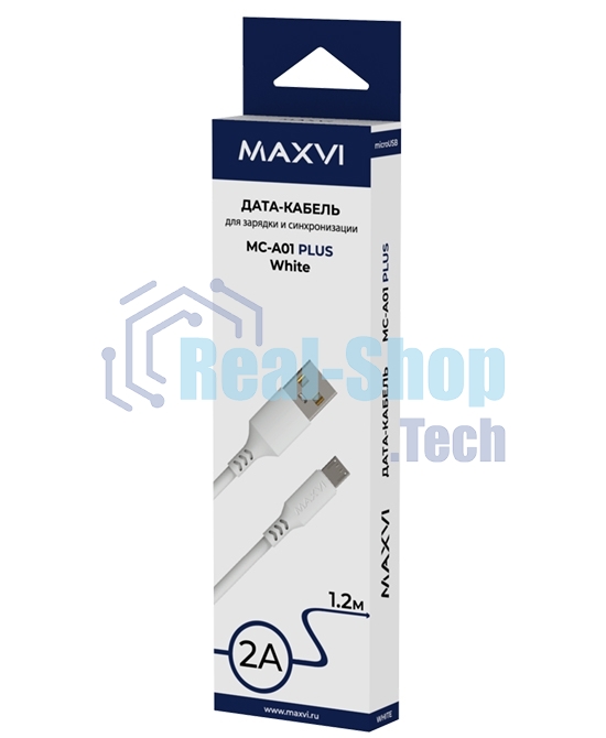 Кабель Maxvi MC-A01 plus white USB-A - microUSB, 2A ток макс. нагрузки 2А, макс. напряжение 5V; стандарт USB 2.0; длина 1.2м, материал PVC, белый