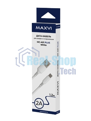 Кабель Maxvi MC-A01 plus white USB-A - microUSB, 2A ток макс. нагрузки 2А, макс. напряжение 5V; стандарт USB 2.0; длина 1.2м, материал PVC, белый