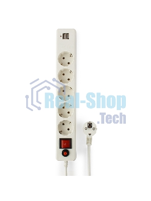 Сетевой фильтр Гарнизон 5 р, 10А, 2xUSB, 1.8 м, ур.защиты 4, белый, пакет