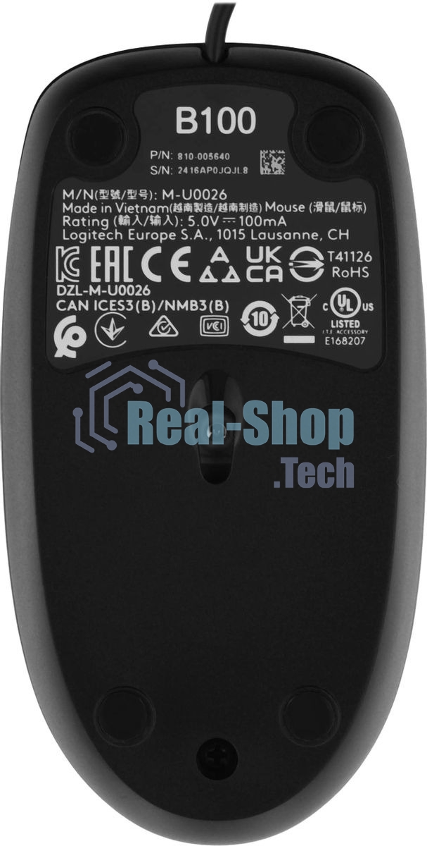 Мышь проводная Logitech B100 черный, 1000 dpi, USB, кнопки - 3