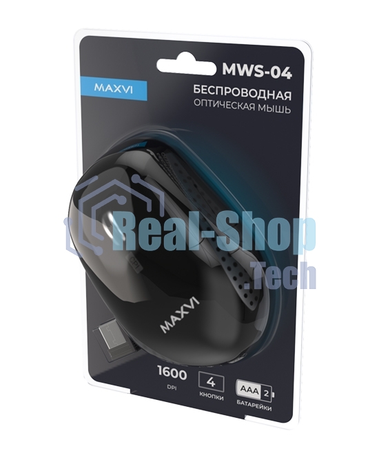 Мышь беспроводная Maxvi MWS-04 черный, 4 кнопки, 1600 dpi