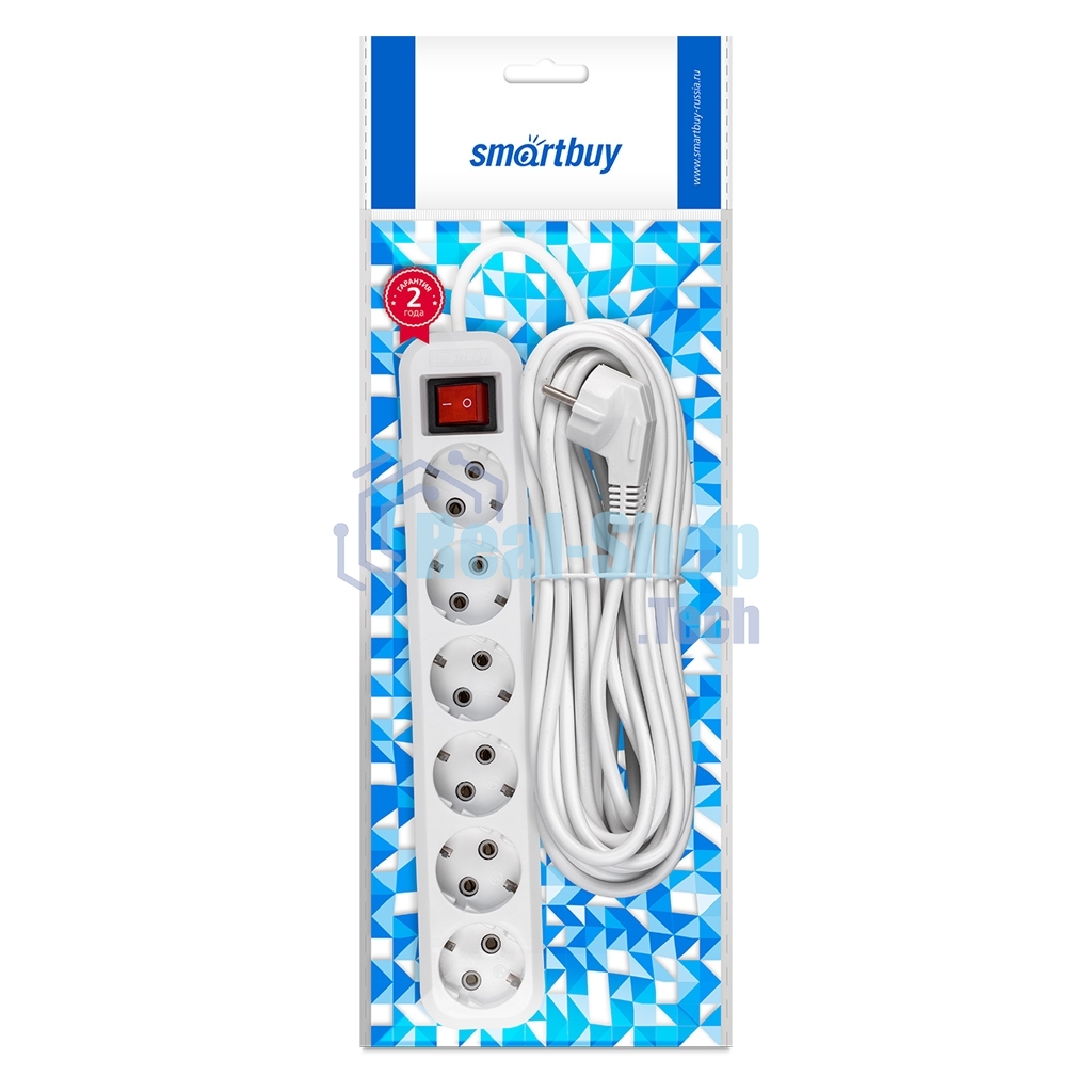 Удлинитель Smartbuy, 6 гнезд 10 м, 16А/3,5 кВт с выкл. и заземлением ПВС 3х1,0 (SBE-16-6-10-ZS)