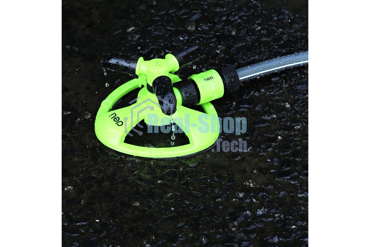 Дождеватель-разбрызгиватель круговой вращающийся 3-х сопловый Deli DL581301 2 режима распыления, площадь орошения до 310кв.м, диаметр шланга 3/4