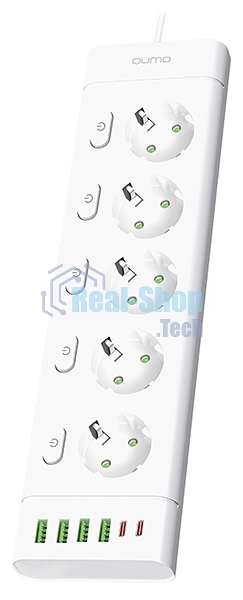 Сетевой фильтр QUMO Power Bar Light SPFSU2 (P-0009), 5 розеток, 2500 Вт, 10A, каб.3 м 3x1 мм медь, 4U+2C (2,4A),Wt