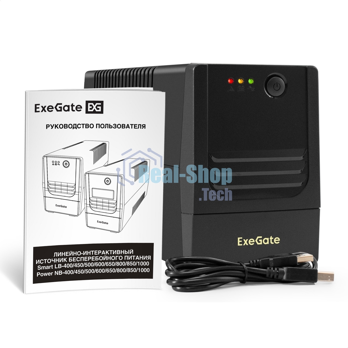 Источник бесперебойного питания ExeGate Power NB-850.LED.AVR.2SH.USB (850VA/510W, LED, AVR, 2*Schuko, USB, батарея 12V 9Ah, черный)