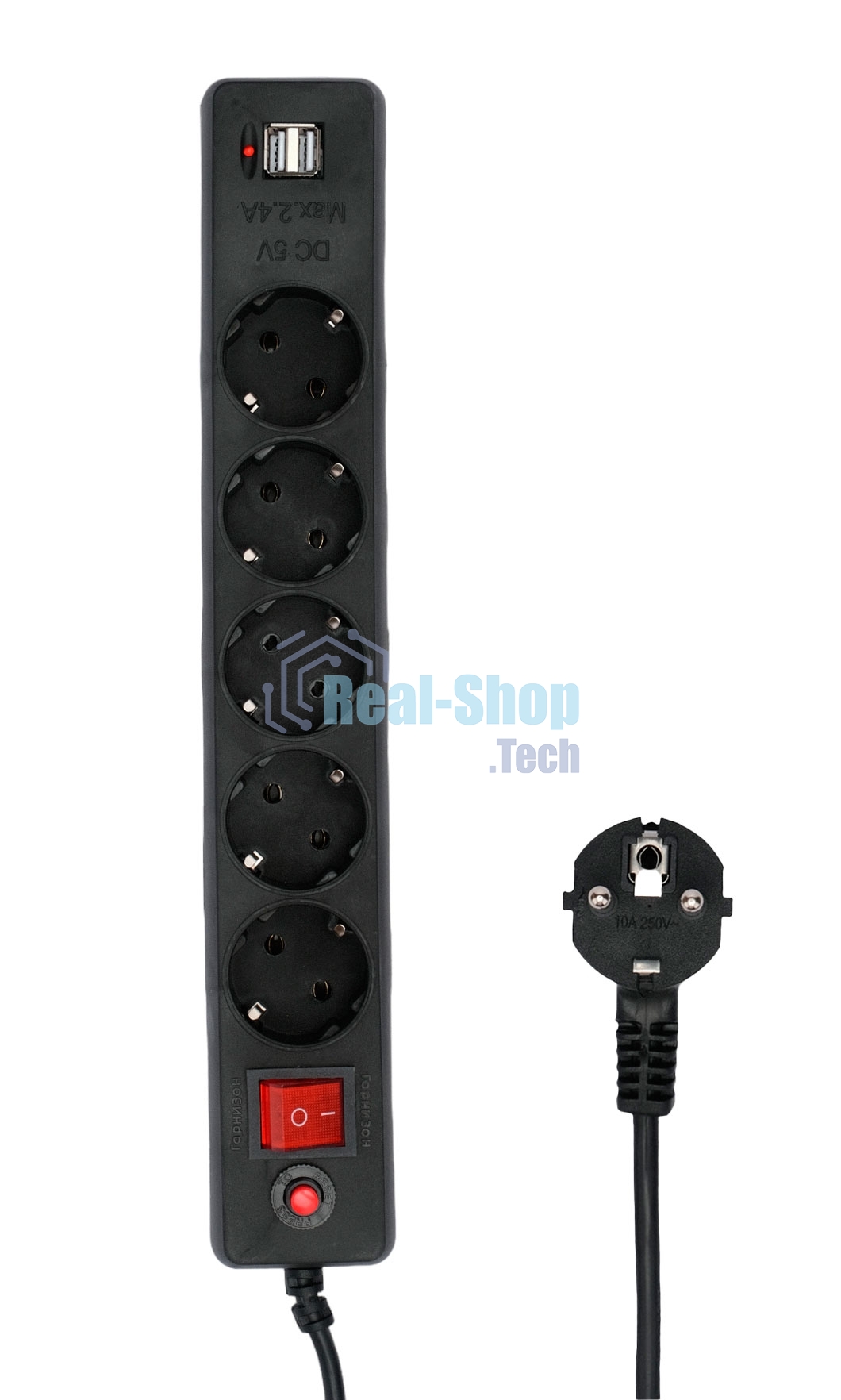 Сетевой фильтр Гарнизон 5 р, 10А, 2xUSB, 1.8 м, ур.защиты 4, черный, пакет