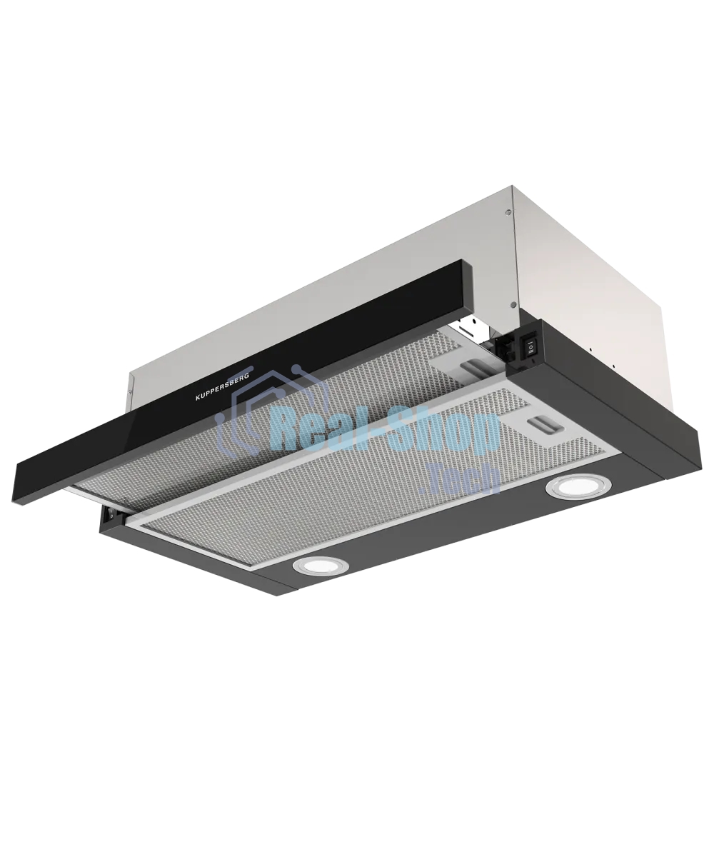 Встраиваемая вытяжка Kuppersberg SLIMHIT 60 BG, телескопическая, 60 см, High-Tech, макс. Производительность 750 м3/ч, 2 скорости, механическое управление, светодиодное освещение, уровень шума 51 дБ, черный