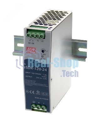 Блок питания AC-DC, 120Вт, вход 88-264V AC, 47-63Гц,124-370В DC, выход 24В,5A (пиковый 7,5А), рег. вых 24-28В, в кожухе на DIN-рейку