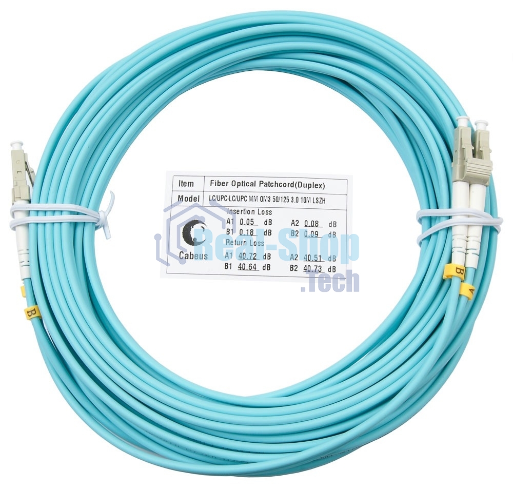 Шнур оптический Cabeus Tight Buffer, Duplex LC/LC, OM3 50/125, LSZH, 10м, d= 3мм, серый хвостовик, аква