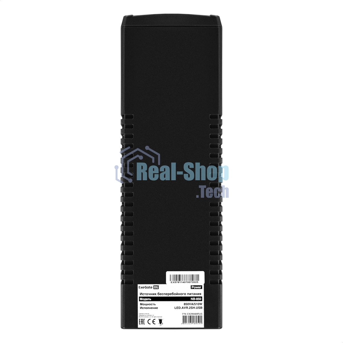 Источник бесперебойного питания ExeGate Power NB-850.LED.AVR.2SH.USB (850VA/510W, LED, AVR, 2*Schuko, USB, батарея 12V 9Ah, черный)