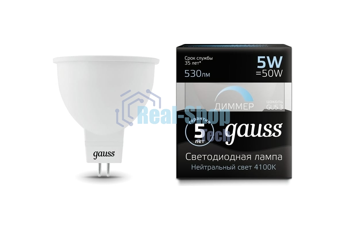 Лампа светодиодная диммируемая Gauss MR16 5Вт 4100К белый GU5.3 530лм 180-265В