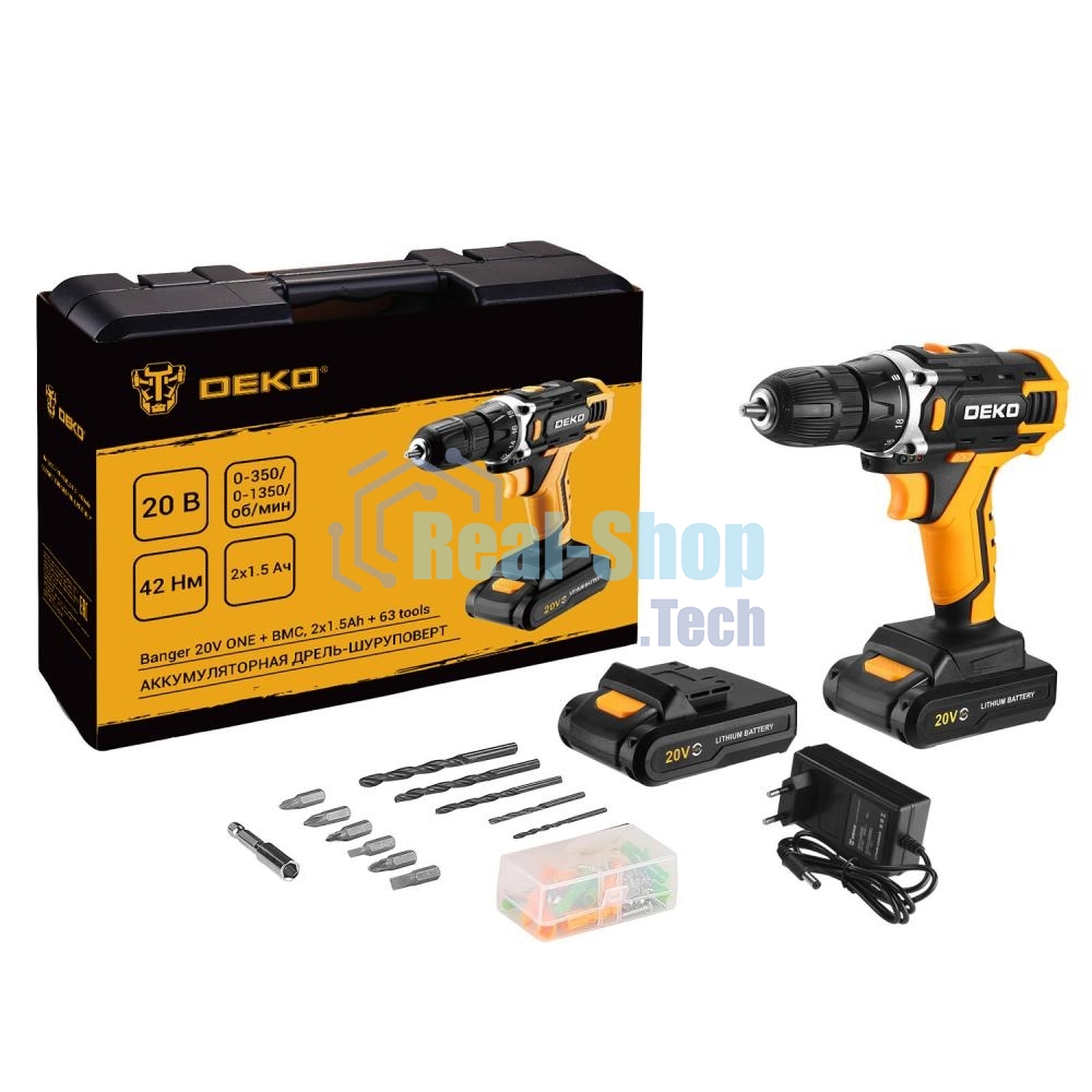Дрель-шуруповерт аккумуляторная Deko Banger 20V ONE, 20В, 1 АКБ + в кейсе + набор 63 инструмента для дома